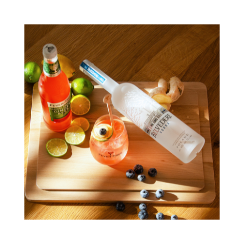 Vodkaflasche auf Schneidebrett mit Früchten und Fever-Tree